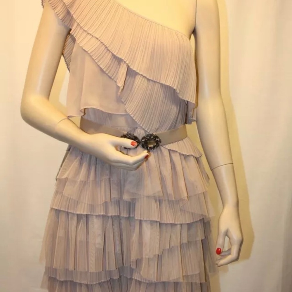 BCBG MAX AZRIA NUDE TULLE TIER BELTED MINI DRESS